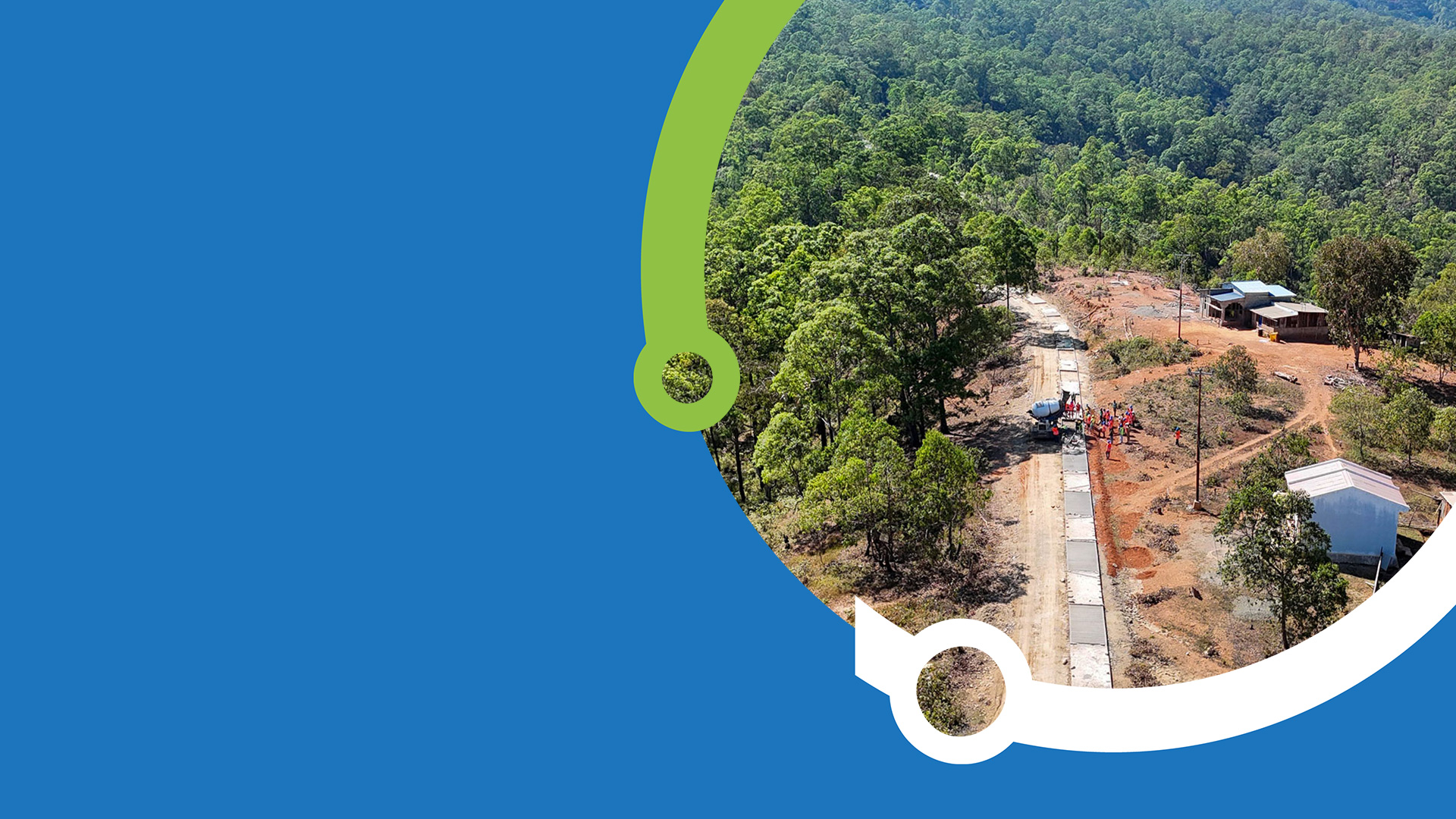 A blue and green graphic frame in PARTISIPA branding style encircling an overhead shot of a long fibre-reinforced concrete road under construction in a remote area. A large group of workers can be seen with a cement truck. 
